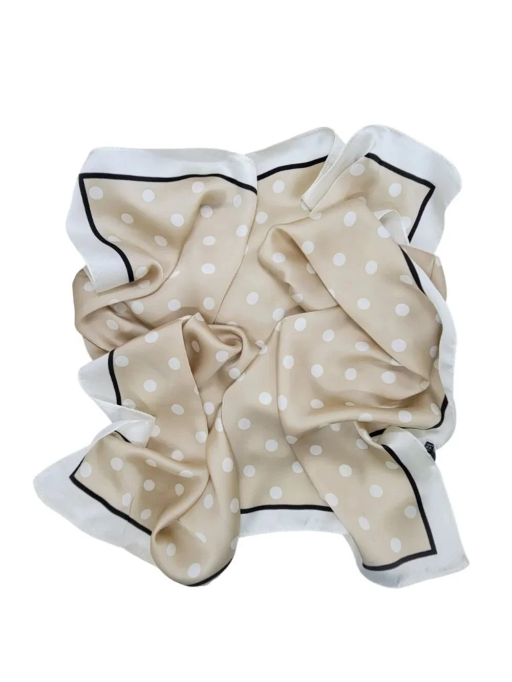 Luxury Elegant Silky Square Scarf Beige White Polka Dot Print Head Wrap Bandana